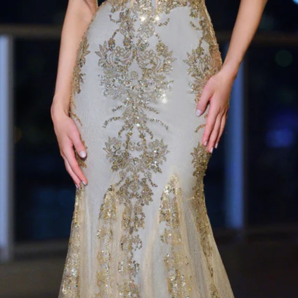 Elegant Gold Embellished Evening Gown